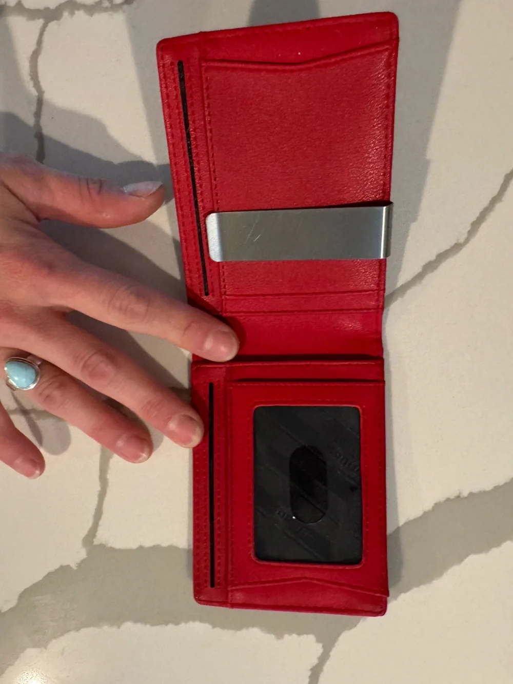 New Slim Carbon-Texture Bifold Wallet with Red Interior and money clip
